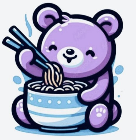 Meet the ADHD Spaghetti Bear Image of a small purple bear eating ramen